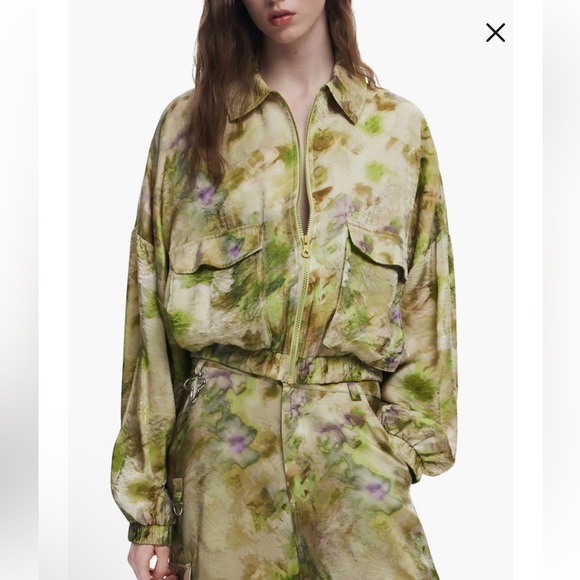 Desigual Jackets & Blazers - Desigual Abstract Floral Bomber Olive Green Tie-Dye Bomber Jacket